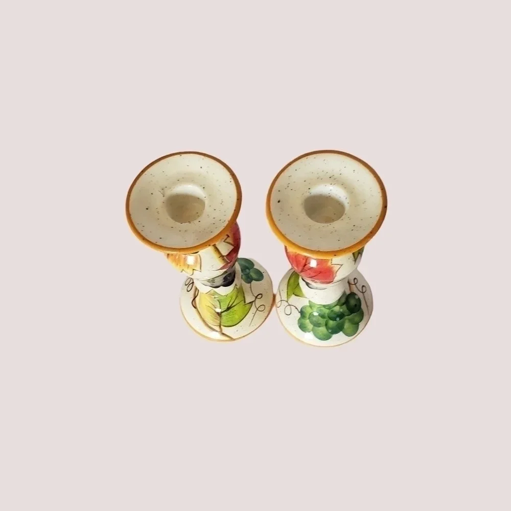 Hand painted ceramic candle holders w/ fruit  & leaf design